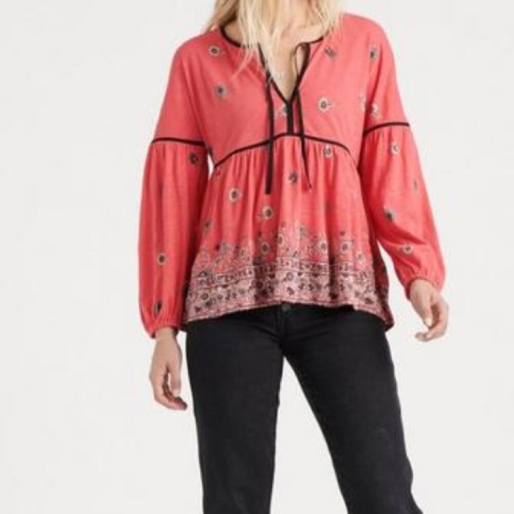 Lucky Brand Border Print Peasant Top Orange Medium